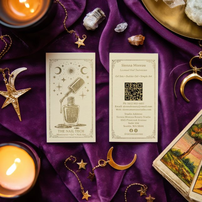 Guld Retro Celestial Tarot Nagelkonstnär QR-kod Visitkort (Gold Retro Celestial Tarot Nail artist QR Code Business Card)