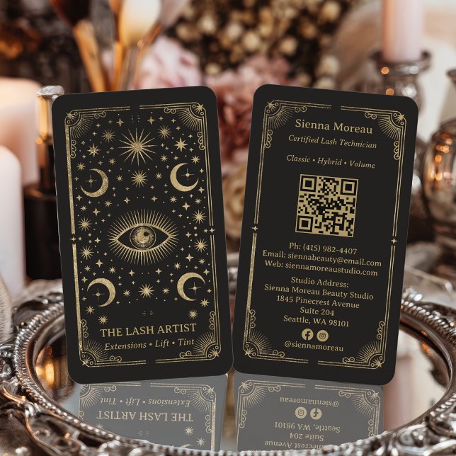 Guld Retro Celestial Tarot Ögonfransartist QR-kod Visitkort (Gold Retro Celestial Tarot Lash Artist QR Code Business Card)