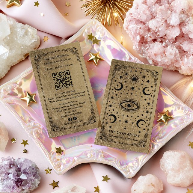 Guld Retro Celestial Tarot Ögonfransartist QR-kod Visitkort (Gold Retro Celestial Tarot Lash Artist QR Code Business Card)