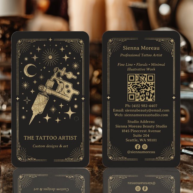 Guld Retro Celestial Tarot Tatuering konstnär QR Visitkort (Gold Retro Celestial Tarot Tattoo artist QR Business Card)