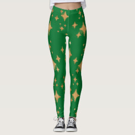 Guld Retro-julstjärnor på Grönt Leggings