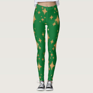 Guld Retro-julstjärnor på Grönt Leggings