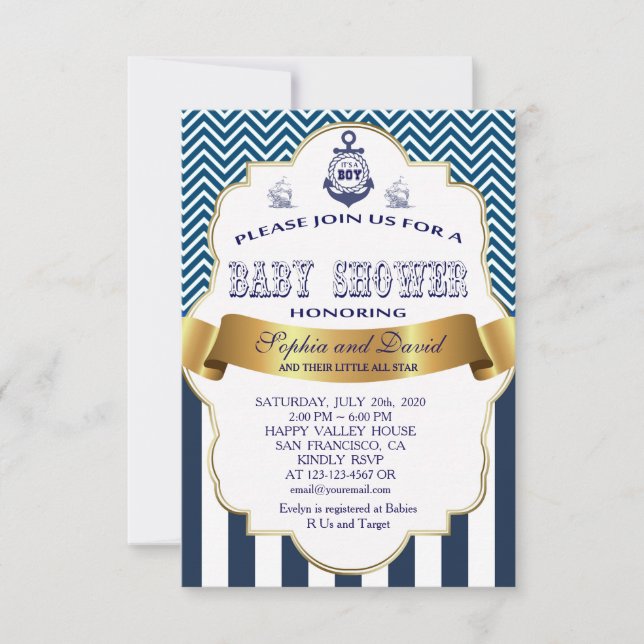 Guld Ribbon Blue Rand Vågar Anchor BABY SHOWER Inbjudningar (Framsida)