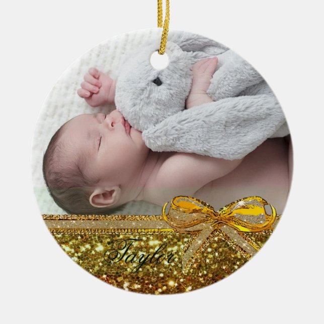 Guld Ribbon & Bow Baby Photo Ornament Keepsaké (Framsidan)