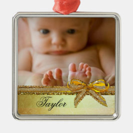 Guld Ribbon & Bow Baby Photo Ornament Keepsakes