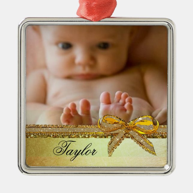 Guld Ribbon & Bow Baby Photo Ornament Keepsakes (Framsidan)