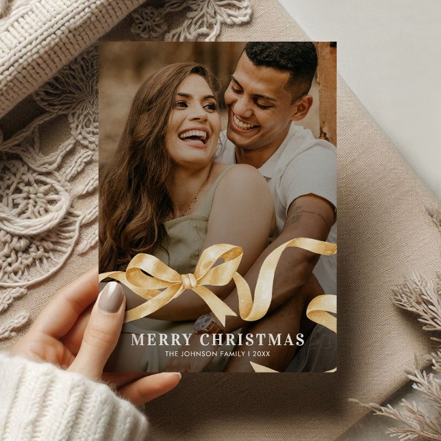 Guld Ribbon Bow Photo jul Julkort (Skapare uppladdad)