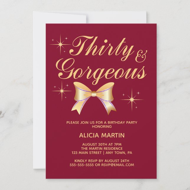 Guld Ribbon Girl 30 Gorgous Burgundy Birthday Inbjudningar (Framsida)