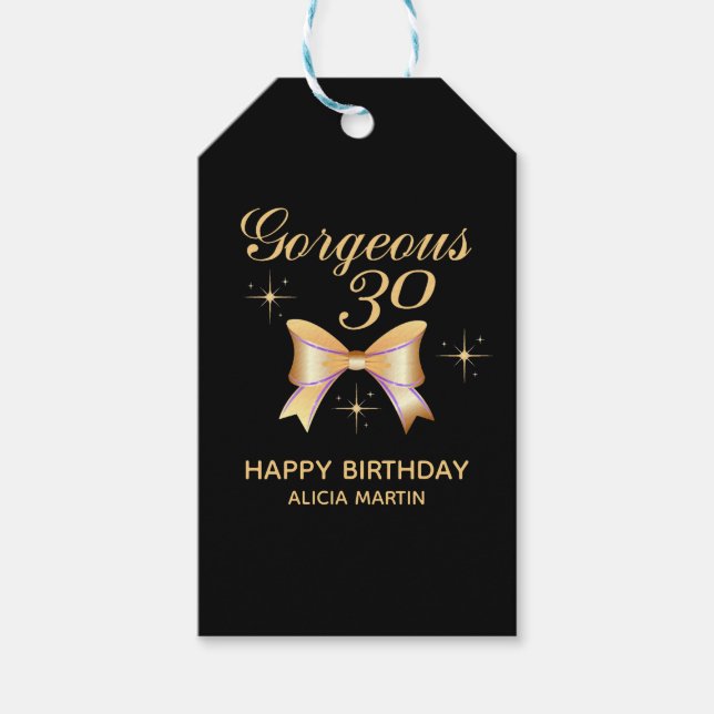Guld Ribbon Girl Gorgous 30 Black Grattis på födel Presentetikett (Framsidan)