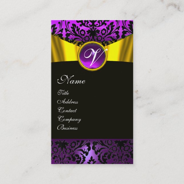 GULD RIBBON GULT BLACK LILA DAMASK MONOGRAM VISITKORT (Framsida)