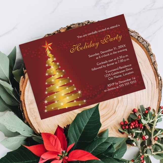 Guld Ribbon Julgran Julfest Inbjudningar (Modern gold ribbon Christmas tree holiday party invitation)