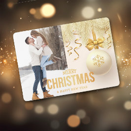 Guld Ribbon Snowflake Bulb Två foto jul Julkort