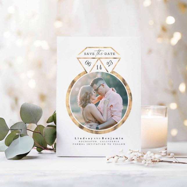 Guld Ring Modern och Eleganten Spara datumfoto Datumet (Save the Date Photo Cards - Gold Ring)