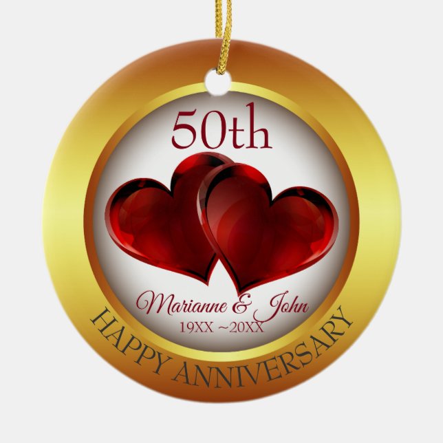 Guld Ring och rödhjärter Julgransprydnad Keramik (Framsidan)