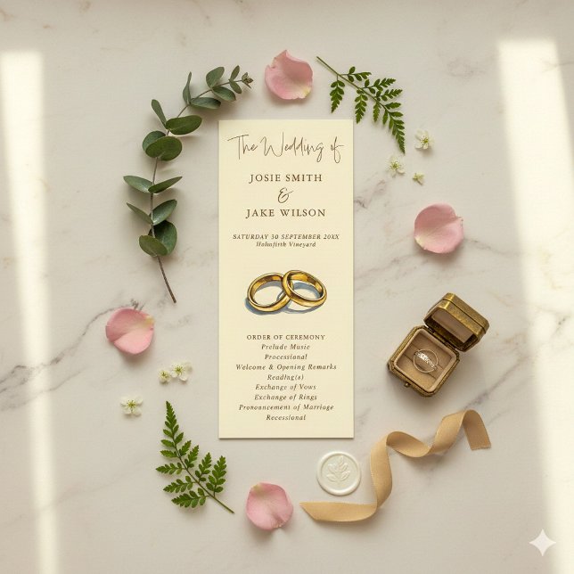 Guld Ringar Elegant Cream och Brown bröllop Program (Watercolor style wedding rings wedding invitation.)