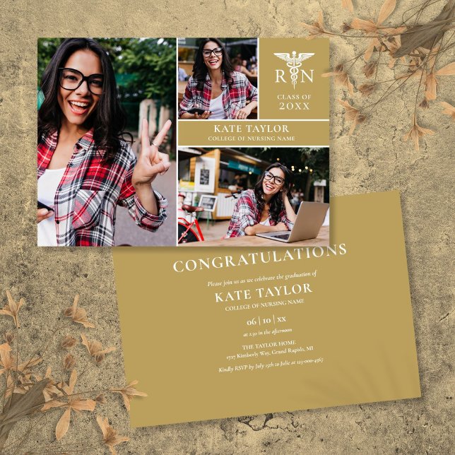 Guld RN Nursing 3 Photo Studentfest Inbjudningar (Gold RN Nursing 3 Photo Graduation Party Invitation)