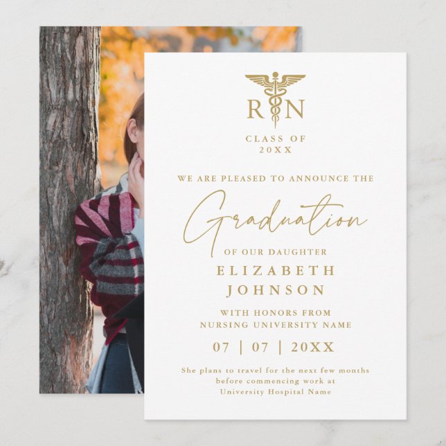 Guld RN Nursing Studenten Photo Announcement Inbjudningar (Fram/baksida)
