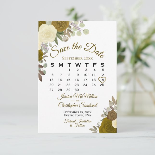 Guld Ro Blommigt Elegant Boho Bröllop Kalender Spara Datumet (Stående Fram)