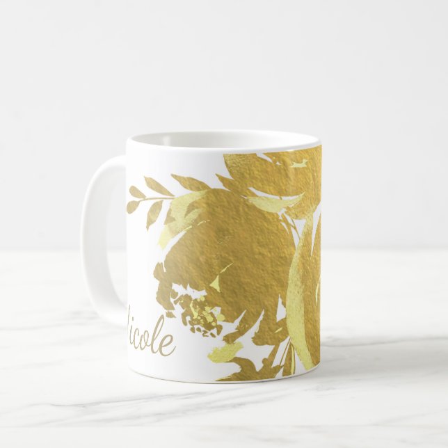 Guld Ro Faux Foil Elegant Modern Blommigt Glam Kaffemugg (Framsida vänster)