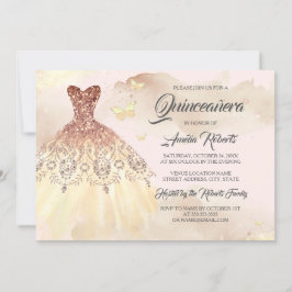 Guld Ro Guld Dress Rosa Watercolor Quinceanera Inbjudningar