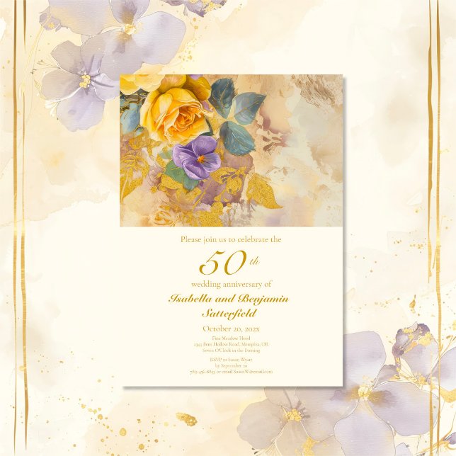 Guld Ro och våld 50-årsdagen Bröllop Inbjudningar (Gold Roses and Violets 50th Wedding Anniversary Invitation)