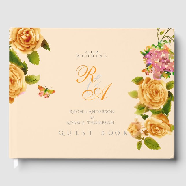 Guld Ro Ribbon Monogram Bröllop Gästböcker (Framsida)