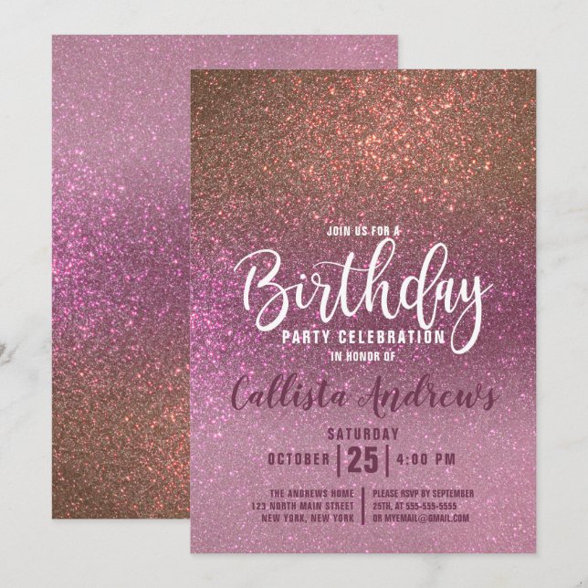 Guld Ro Rosa Triple Glitter Ombre Birthday Inbjudningar (Fram/baksida)