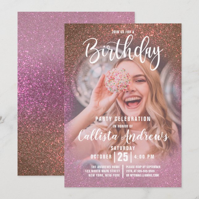 Guld Ro Rosa  Triple Glitter Ombre Fotofödelsedag Inbjudningar (Fram/baksida)