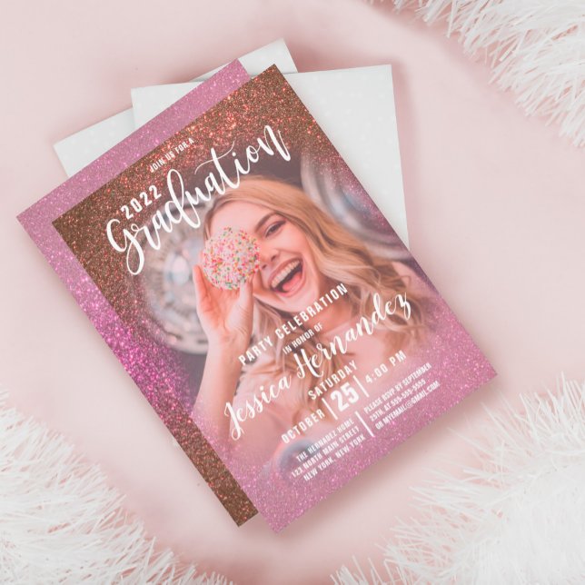 Guld Ro Rosa  Triple Glitter Photo Studenten Inbjudningar (Skapare uppladdad)