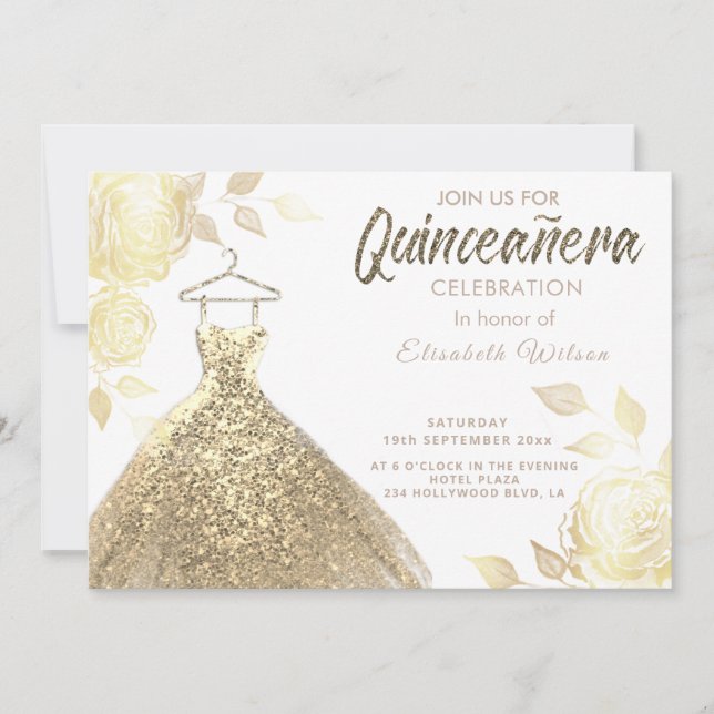 Guld-ro-sekvins, guld-klänning Quinceañera-inbjuda Inbjudningar (Framsida)