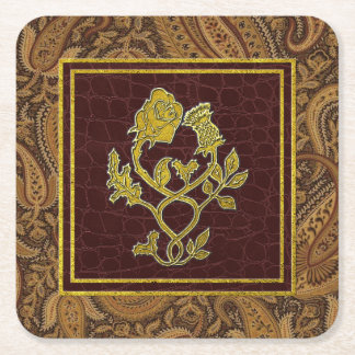 Guld Ro Thistle Paisley och läder Mönster Underlägg Papper Kvadrat