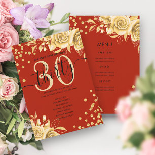 Guld Röd Blommig Glitter 30-års Födelsedagsmeny Pr Inbjudningar