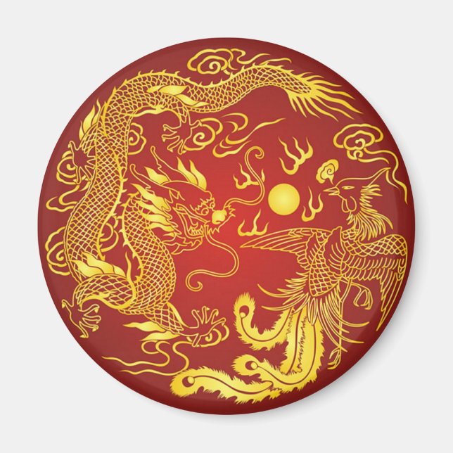 Guld Röd Drakfågel Fenix Kinesisk Bröllopspresent Magnet (Framsidan)