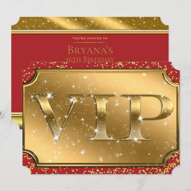 Guld & Röd Glitter Glam VIP Party Biljett Inbjudningar (Fram/baksida)