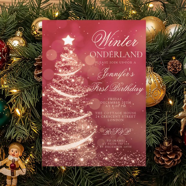 Guld Röd Jul Vinter Onederland 1-årsdag Inbjudningar (Gold Red Christmas Winter Onederland 1st Birthday Invitation)