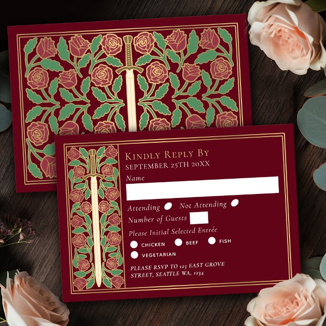 Guld Röd Medeltida Blommig Svärd Bröllop RSVP OSA Kort (Skapare uppladdad)