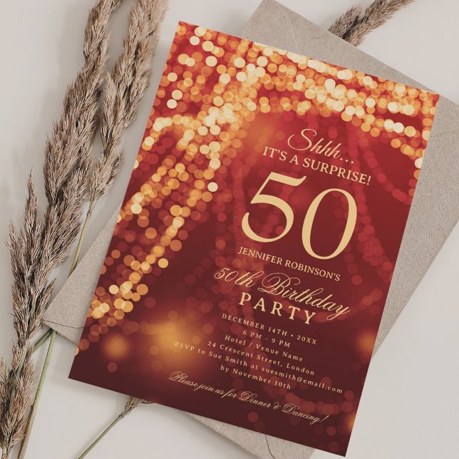 Guld & Röd | Överraskningsfest 50-årsdag  Inbjudningar (Gold & Red | Surprise 50th Birthday Party Invitation)