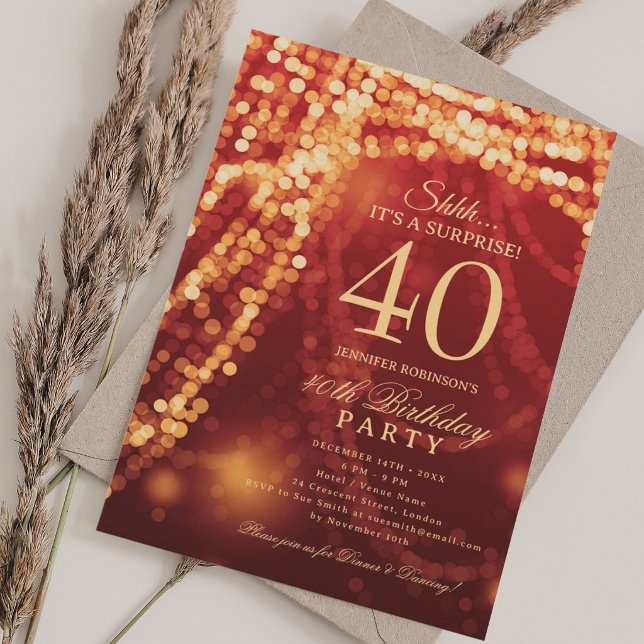 Guld & Röd | Överraskningsfest för 40-årsdag  Inbjudningar (Gold & Red | Surprise 40th Birthday Party Invitation)
