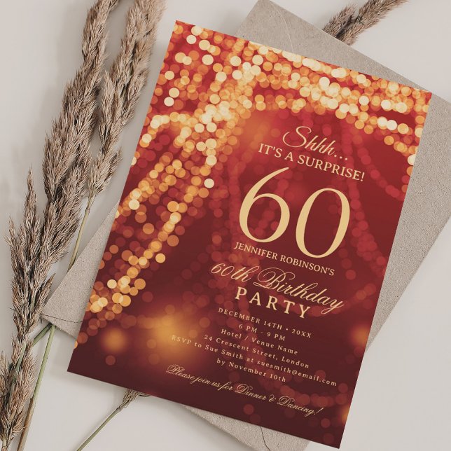Guld & Röd | Överraskningsfest för 60-årsdag  Inbjudningar (Gold & Red | Surprise 60th Birthday Party Invitation)