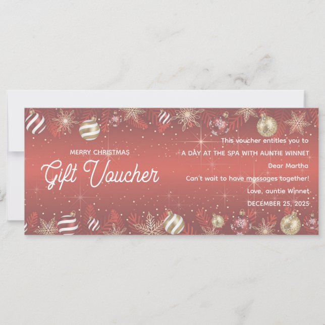 Guld & Röd Prydnad Julpresentgift Voucher (Framsida)