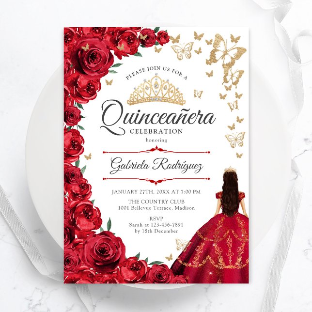 Guld Röd ros Blommigt Quinceanera Inbjudningar (Skapare uppladdad)