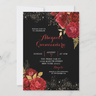 Guld Röd ros Stiletto Blommigt Quinceañera Inbjudningar