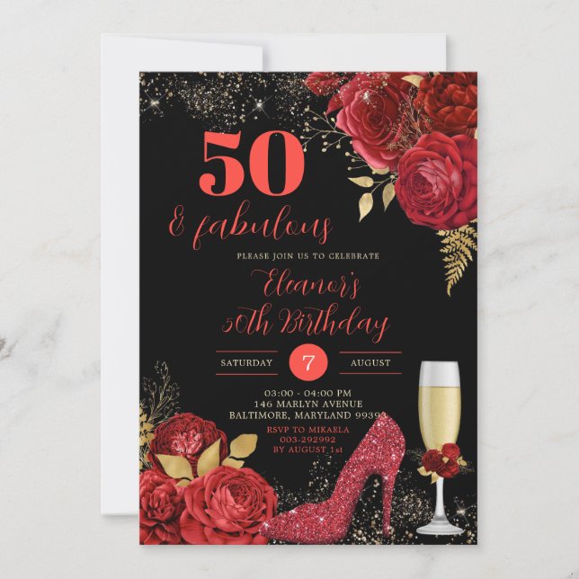 Guld Röd ros Stiletto Heels Vuxen Birthday Inbjudningar (Framsida)