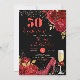 Guld Röd ros Stiletto Heels Vuxen Birthday Inbjudningar