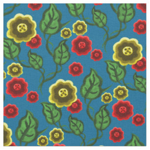 Guld-/röda blommor/gröntlöv/Folk blommigt/blått Tyg