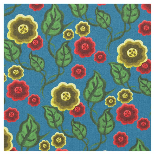 Guld-/röda blommor/gröntlöv/Folk blommigt/blått Tyg (Närbild)