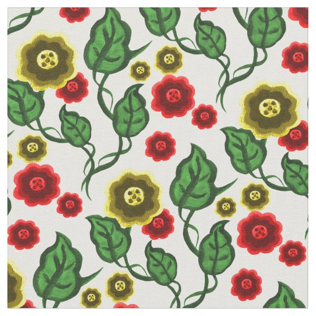 Guld-/röda blommor/gröntlöv/Folk blommigt Tyg (Närbild)