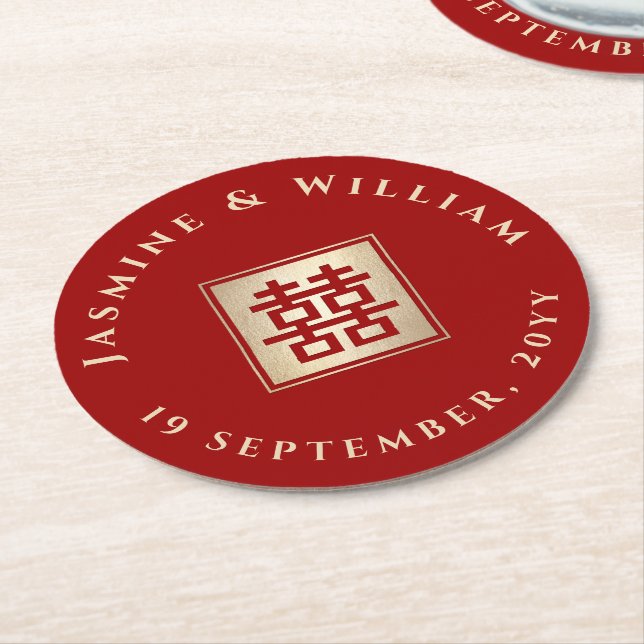 Guld/Röda fyrkantsfärens Dubbla lycka Kina Bröllop Underlägg Papper Rund (Vinklad)