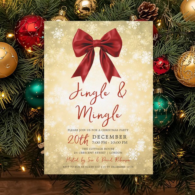 Guld Röda Jingle Mingle Julfest Båge & Snö Inbjudningar (Gold Red Jingle Mingle Christmas Party Bow & Snow Invitation)