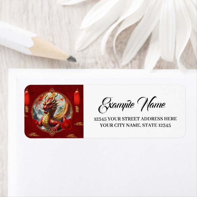 Guld röda kinesiska draken önskar dig en Gott nytt Returadress Etikett (Insitu)